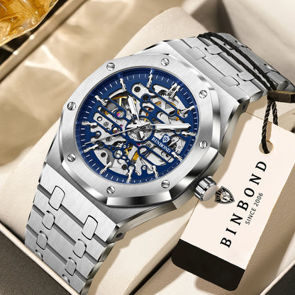 Montre mécanique squelette de précision BINBOND pour homme, montre de luxe lumineuse, étanche, automatique, en acier inoxydable robuste.