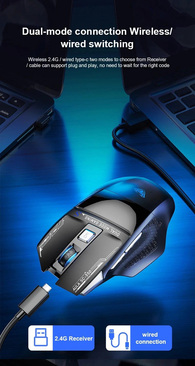 AULA SC550 bežični gaming miš, dvostruki način rada, punjivi svjetleći mehanički gaming miš za stolno/prijenosno računalo, e-sports USB miš