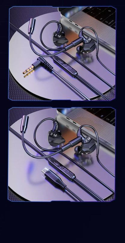 Gaming Earbuds with Dual Microphones, HiFi Stereo Gaming Headset Type-C & 3.5mm Wired In-Ear Earphones, Noise Reduction Gamer Headphones with Mic for Samsung
