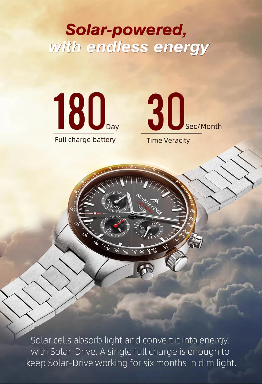 Relógio de Quartzo para Homem NORTH EDGE 2025 LONGWINGS, Alimentação Solar, Cronómetro, Impermeável 50M, Aço Inoxidável 316, Luminoso, Estilo Piloto