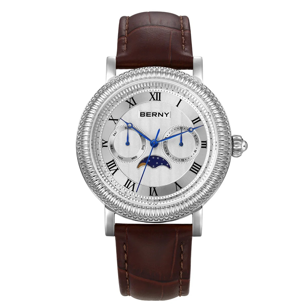 BERNY Watches for Men Luxury Dress Brand Business Gold Quartz Real Moons Man Watch S/S Sapphire Calendar Moon Phase Wristwatch