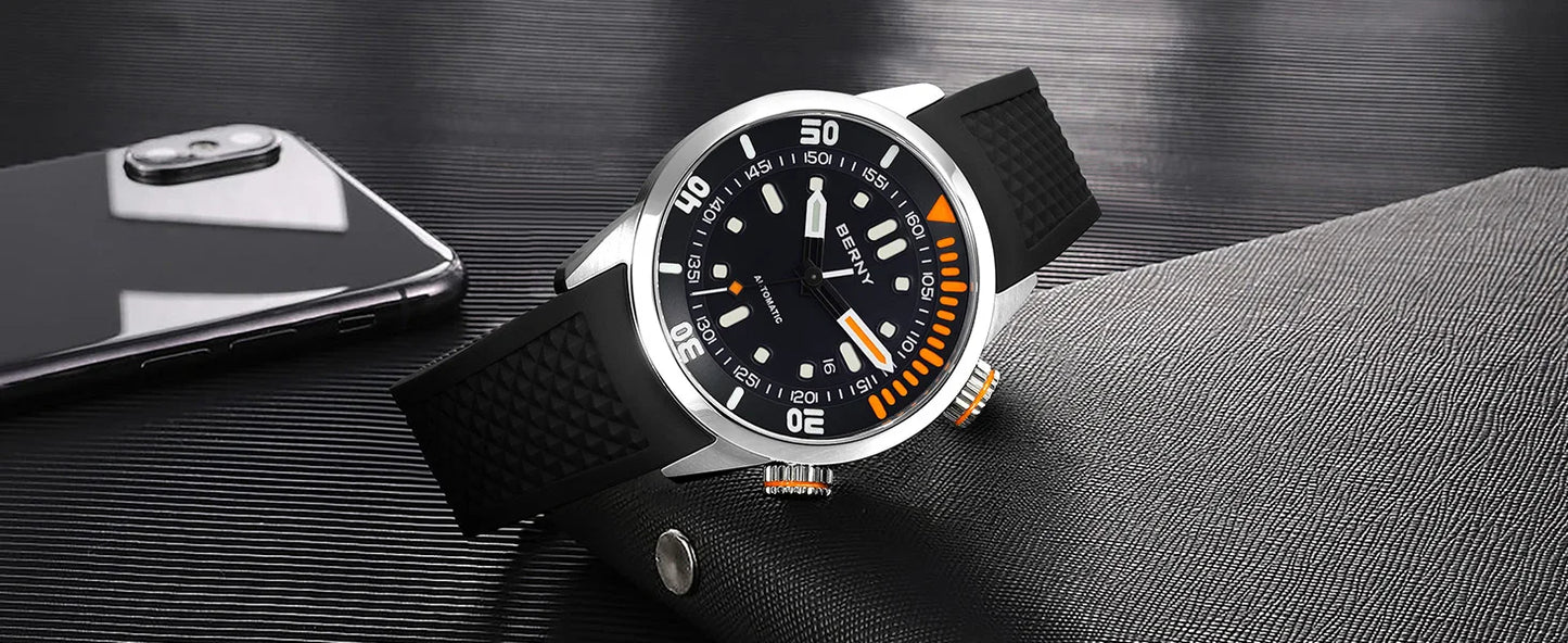 BERNY Automatic Dive Watch for Men Super Luminous 20ATM Diver Wristwatch Original Top Sapphire Swim Sport Mechanical Male Watch