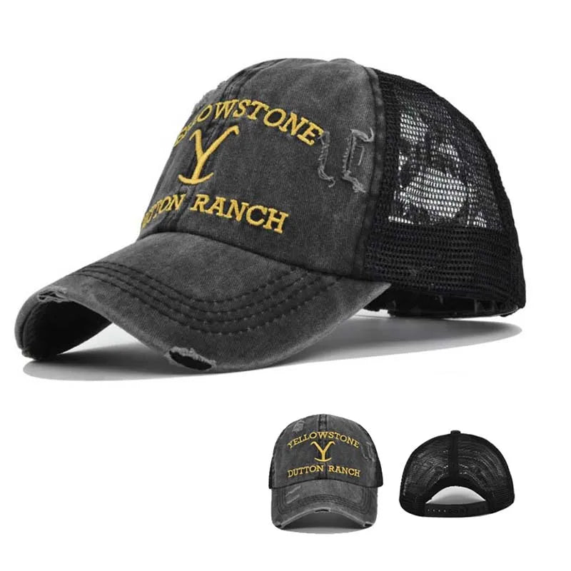 Summer Yellowstone Dutton Ranch Hat Cross Ponytail Baseball Cap Distressed Outdoor Embroidery Sunscreen Hat Solid Color Cap