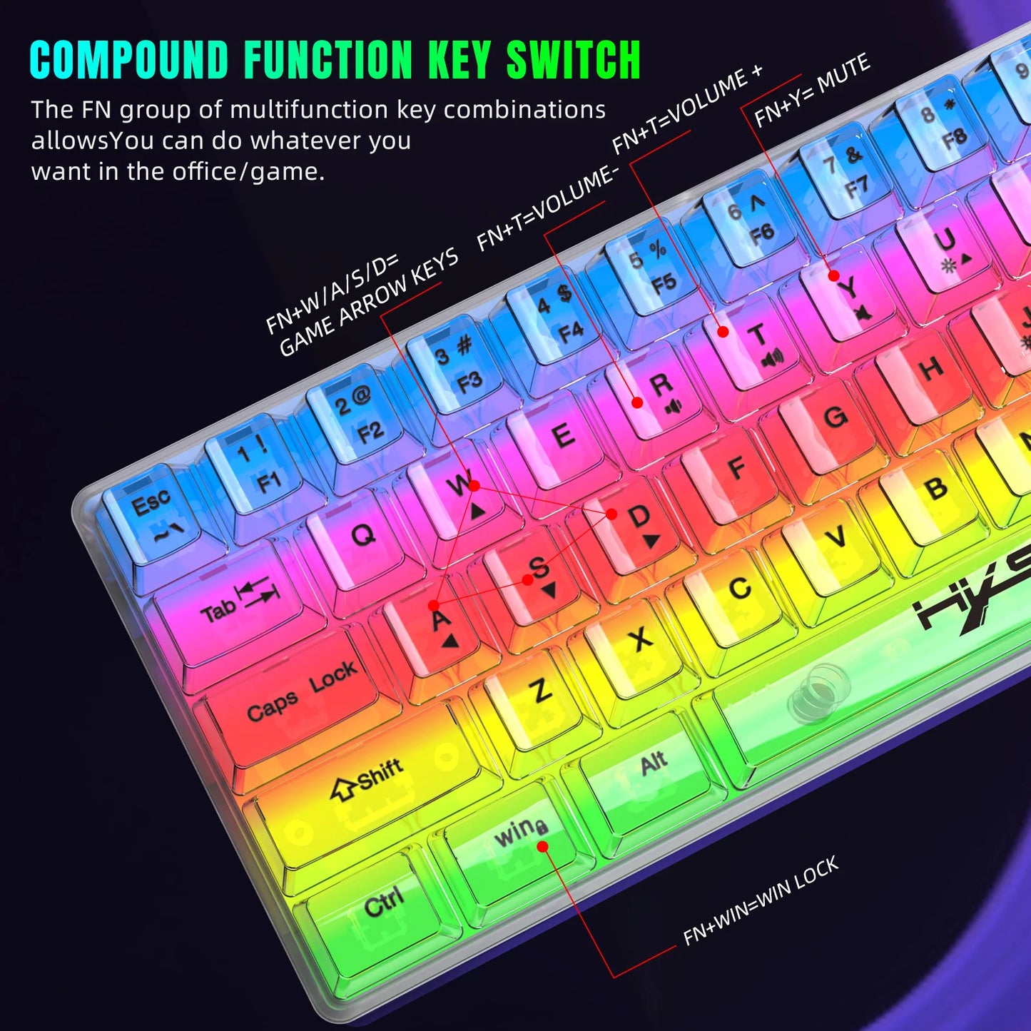 Teclado gaming transparente con cable HXSJ 60%, retroiluminación RGB, ultracompacto, resistente al agua, teclado compacto pequeño de 61 teclas para PC/Mac