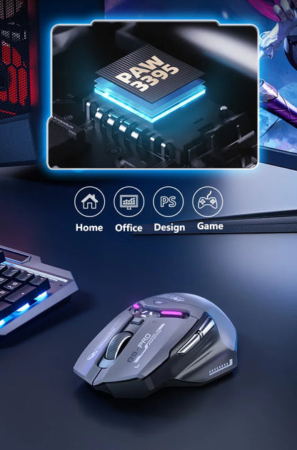 Ratón gaming inalámbrico Inphic IN9PRO 26000DPI, tasa de sondeo 8K, Bluetooth 5.0, con cable, 2.4G, trimodo, RGB, ergonómico