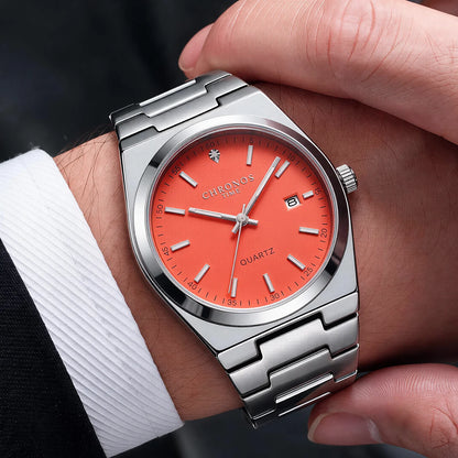 Relógio de quartzo para homem CHRONOS – Bracelete em aço inoxidável, resistente à água, ponteiros luminescentes, indicador de data – Ideal para o trabalho, o desporto ou o dia a dia
