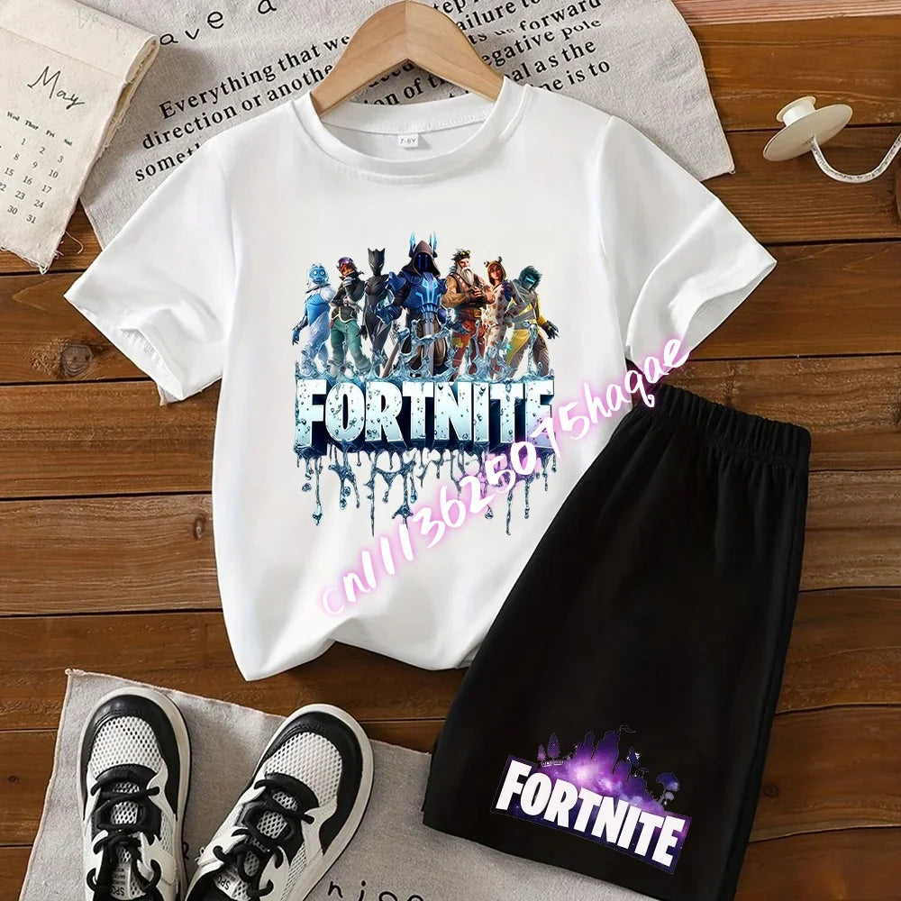 Summer Kids Game Fortnite T-Shirt Suit Anime Short Sleeve Shorts 2 Piece Summer Children Cotton Casual Sportswear Gifts