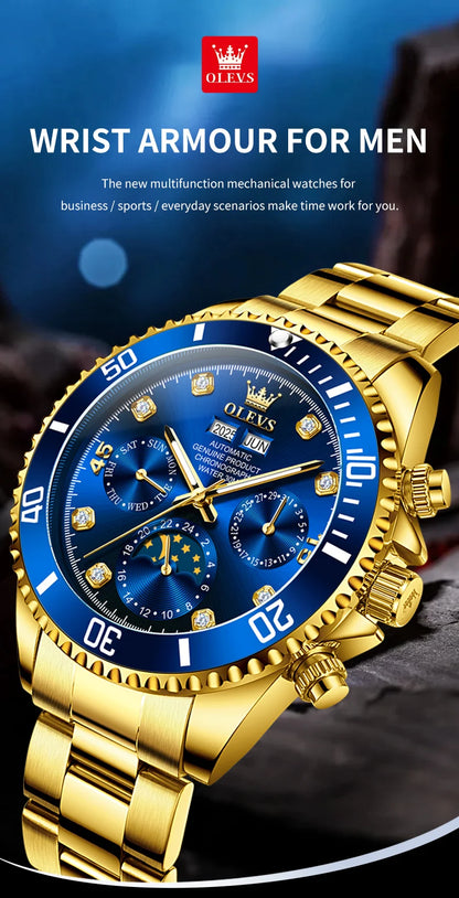 OLEVS 6729 Original Men's Watches Stainless Steel Waterproof Luminous Date Week Moon Phase Automatic Mechanical Watches for Man