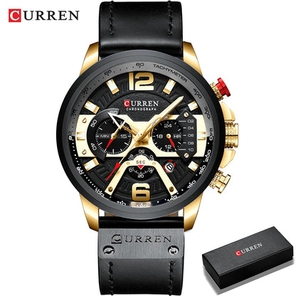 CURREN 8329 herreur – Afslappet sportsstil, militærinspireret design, læderrem, trendy kronograf, luksusur fra et kendt mærke