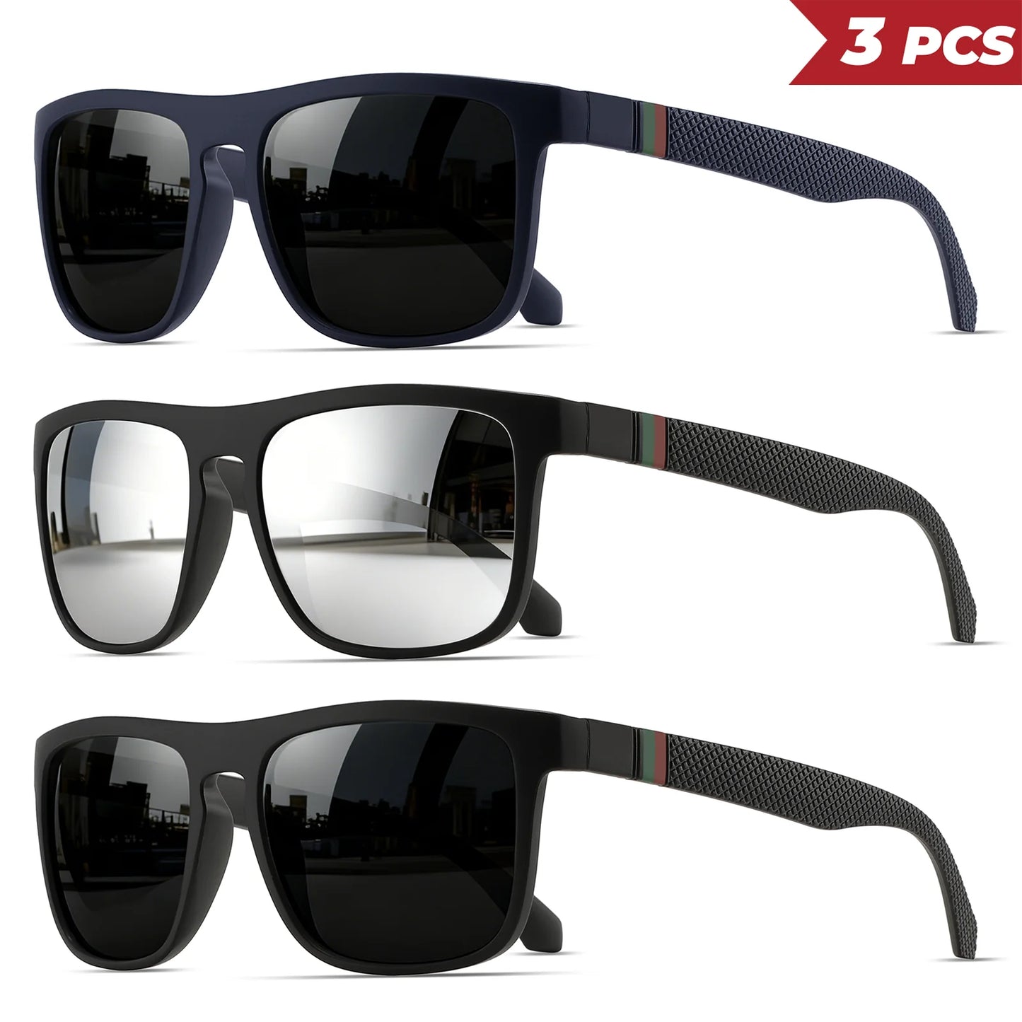 3PCS Classic Retro Polarized Square Sunglasses - Red/Green Stripe Temples, UV400 Unisex for Daily, Outdoor, Fishing & Driving