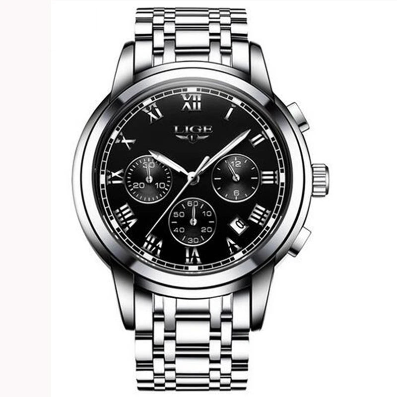 Montre pour homme LIGE – Chronographe de luxe, style sport décontracté, étanche, entièrement en acier, mouvement à quartz