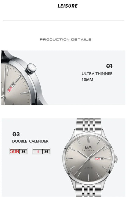 Carnival High-end Series I&W Brand Automatic Mechanical Watches Men Waterproof Watches 316L Steel Sapphire Business Men's Watch