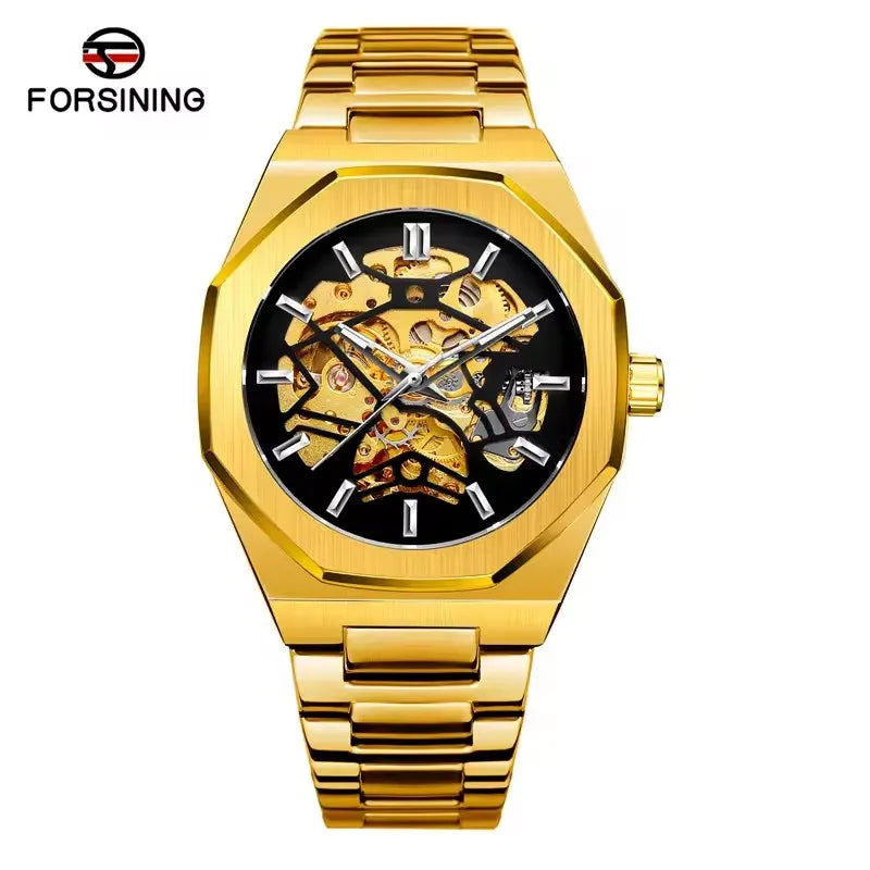 FORSINING 344D Top Brand Luxury Skeleton Automatic Mechanical Men's Watch Hollow Design Luminous Stainless Steel Strap Clock Men