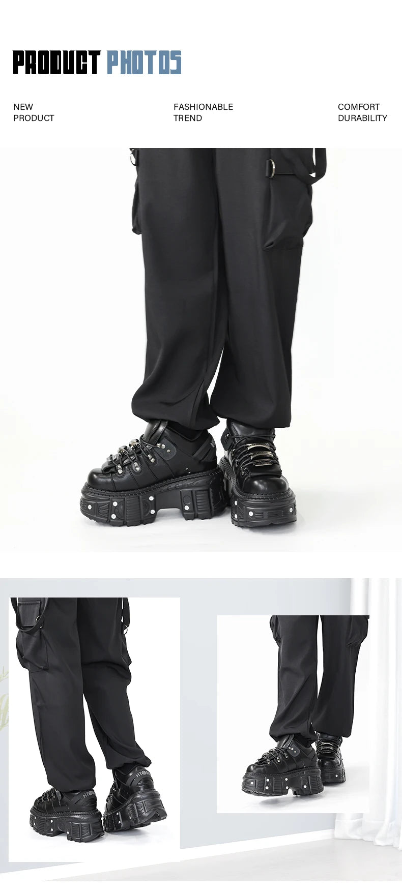 Damskor i punkstil, snörning, klackhöjd 6 cm, platåskor, gotiska ankelstövlar för kvinnor, rockstövlar, metalldekor, damsneakers