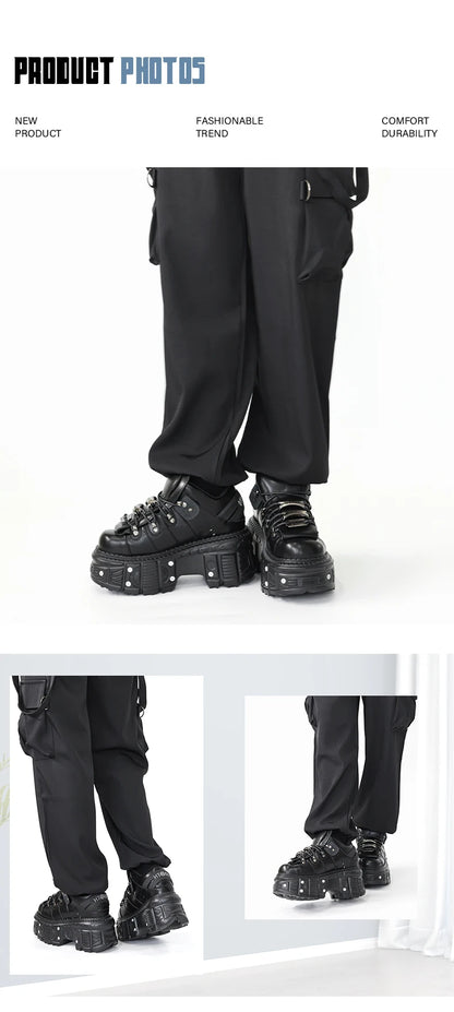 Damskor i punkstil, snörning, klackhöjd 6 cm, platåskor, gotiska ankelstövlar för kvinnor, rockstövlar, metalldekor, damsneakers