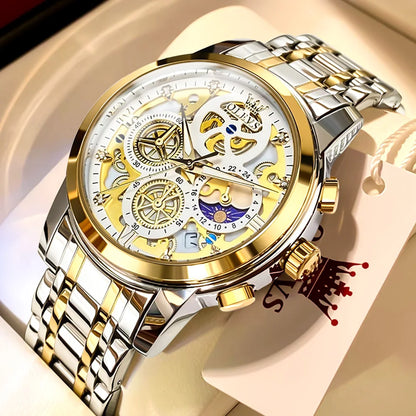 OLEVS men’s watch – Luxury model, water-resistant, quartz, skeletonised style, 24-hour display (day/night), gold colour