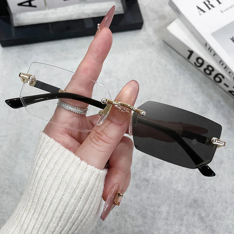 Fashion Rimless Rectangle Sunglasses Popular Women Men Shades Small Square Sun Glasses For Female Male Summer Traveling