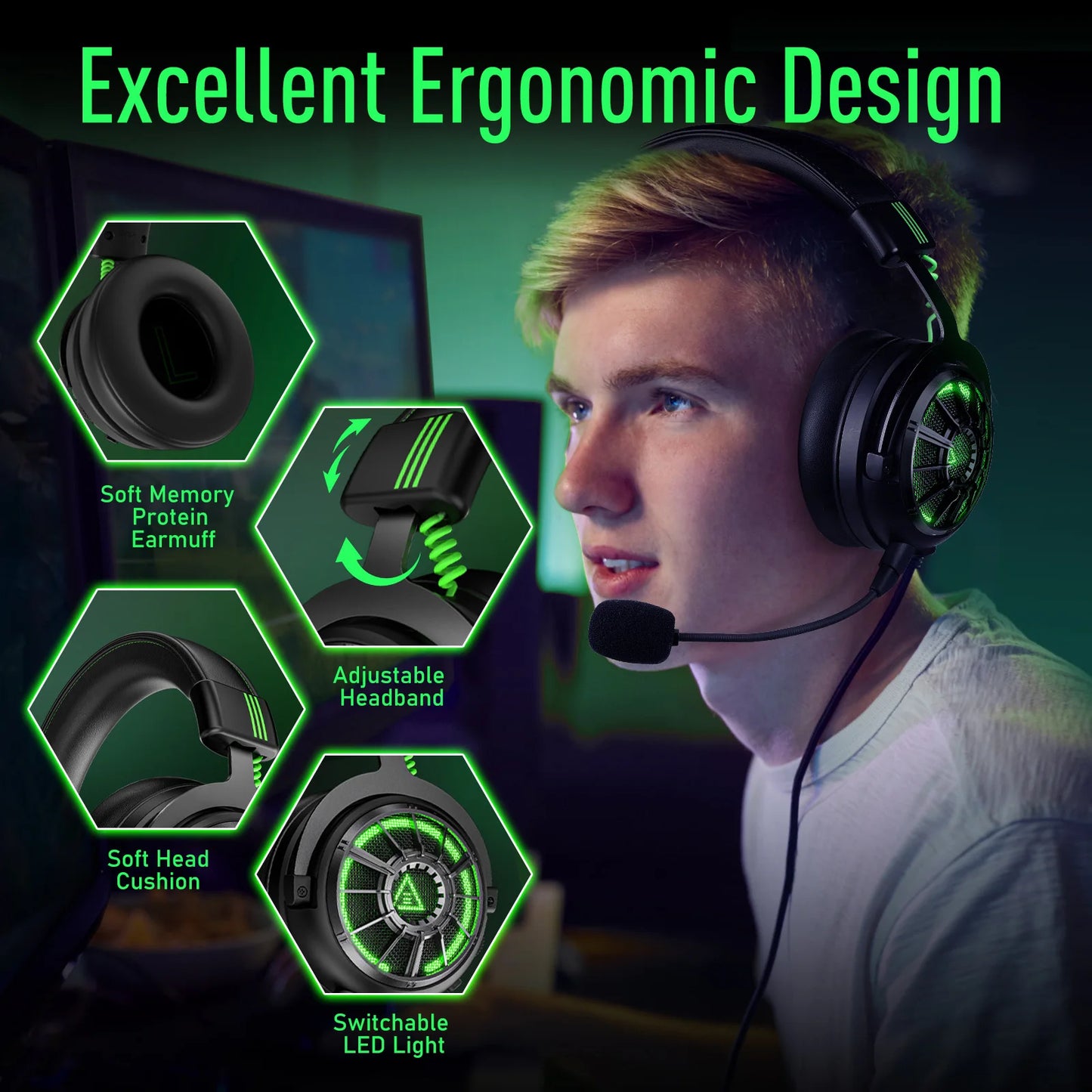 OneOdio EKSA StarEngine Pro Wired Gaming Headset 7.1 Surround Sound Headphones with ENC Mic, USB Type-C 3.5mm PC Gaming Headset for PS5 PS4 Xbox