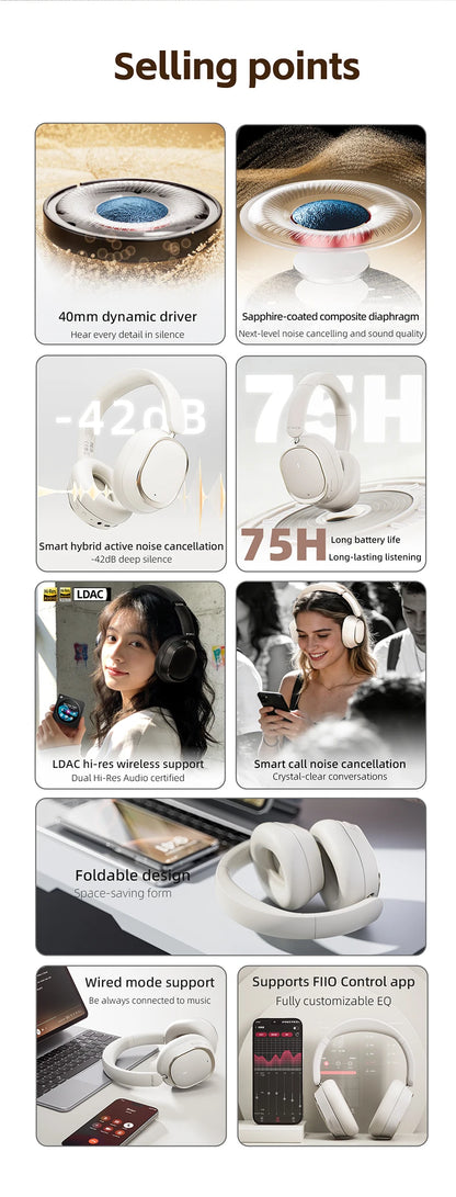 FiiO EH13 Wireless Noise Cancelling Headphones Bluetooth Over-Ear Headphones with Hybrid ANC, 45H Playtime, Travel Gaming Headphones