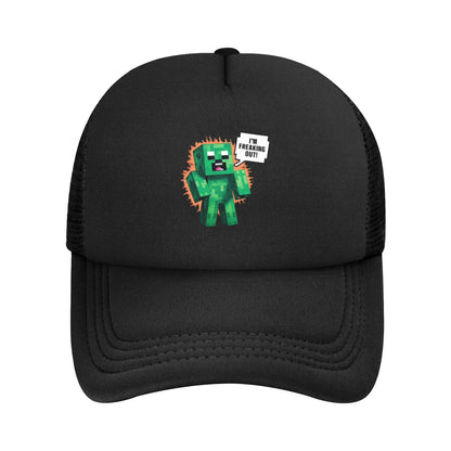 blocky adventurer discover a Creepers monster behind him Trucker Cap Sun Hats Cap Adjustable Snapback Caps Mesh Baseball Cap