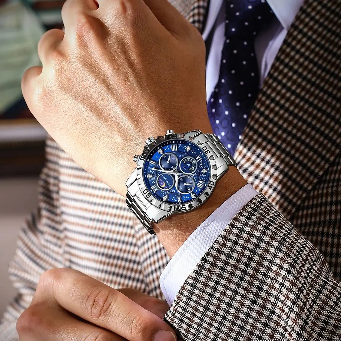 POEDAGAR herenhorloge – Luxe chronograaf, waterdicht en lichtgevend, van roestvrij staal, in sportieve en militaire stijl, met quartz uurwerk