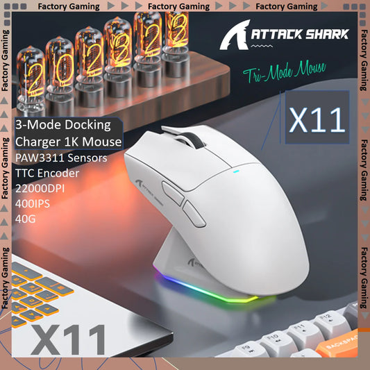 ATTACK SHARK X11 tri-módú, könnyű gaming egér PAW3311 érzékelővel, 22000DPI, 400IPS, 40G, 59g, mágneses gyorstöltéssel és RGB háttérvilágítással