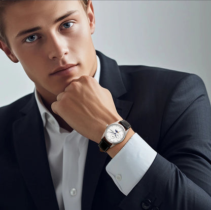 BERNY Men's Watch Date Weeks Moon Phase Quartz Watches for Men Stainless Steel Leather Strap Business Wristwatch Male Clock