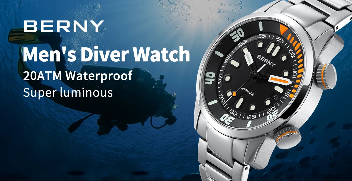 BERNY Automatic Dive Watch for Men Super Luminous 20ATM Diver Wristwatch Original Top Sapphire Swim Sport Mechanical Male Watch