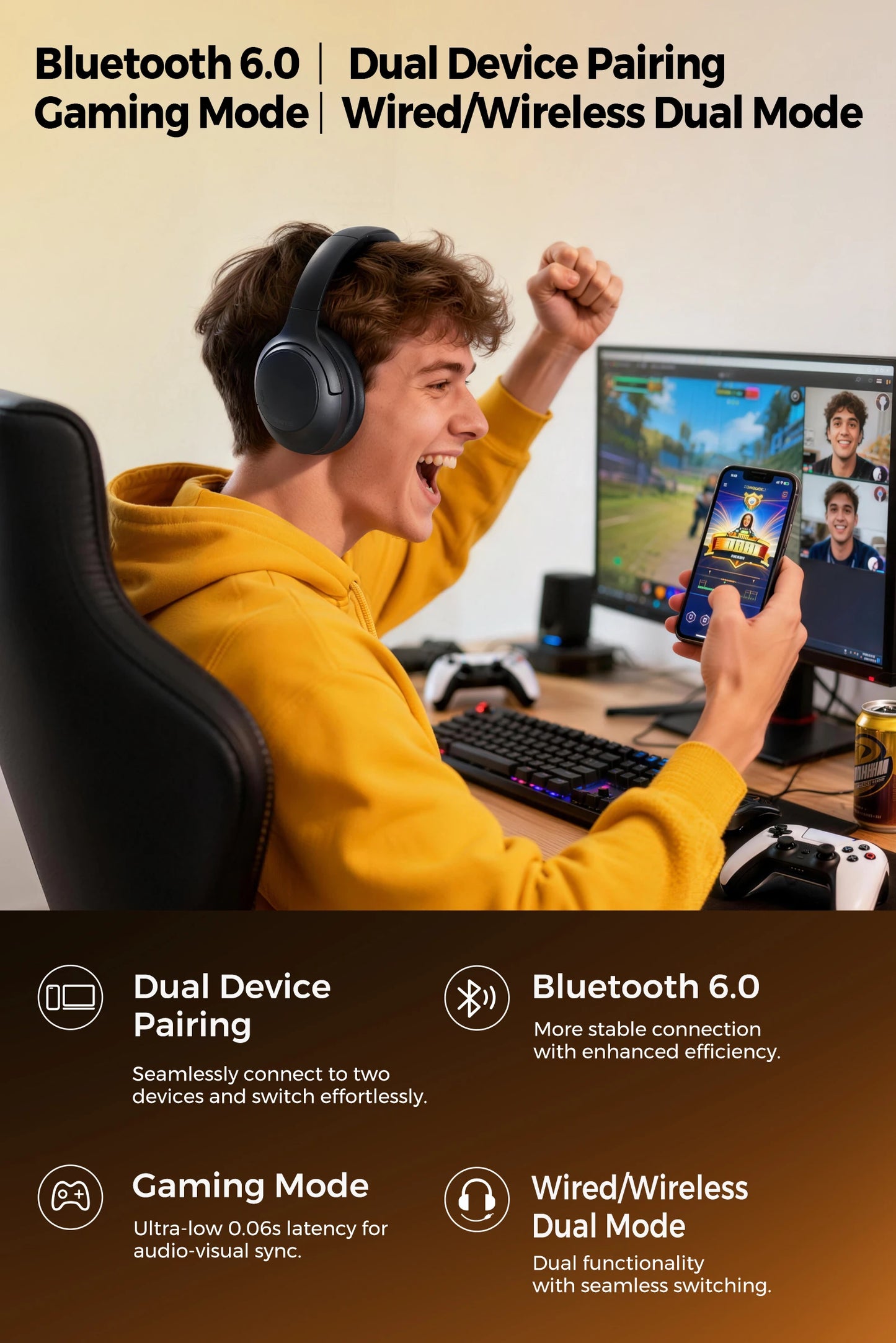 SoundPEATS Cove Pro Headphones Bluetooth 6.0 -56dB ANC, Noise-Cancelling Headset, Hi-Res LDAC Lossless Audio, 95H Battery, 7-Mic