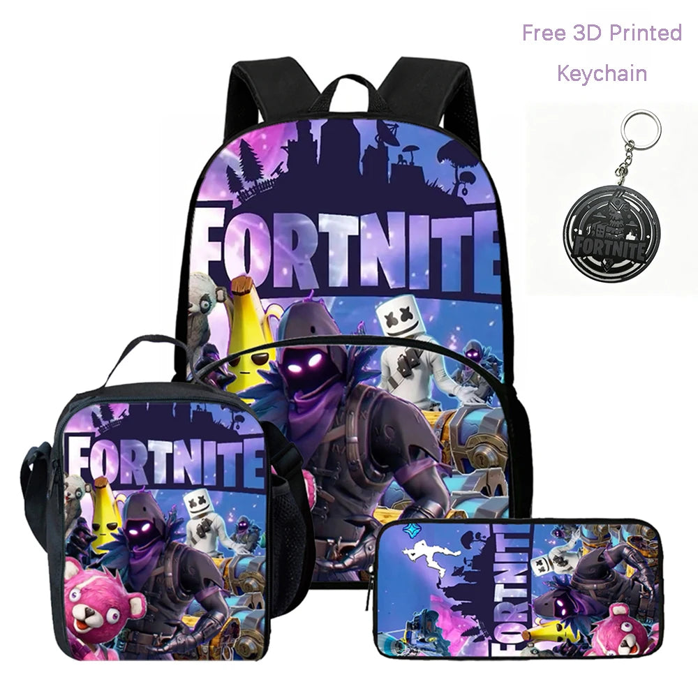 Conjunto FORTNITE leve de 3 peças: mochila com bolso frontal, lancheira e estojo, com porta-chaves 3D impresso grátis, para meninos, meninas e crianças dos 5 aos 10 anos