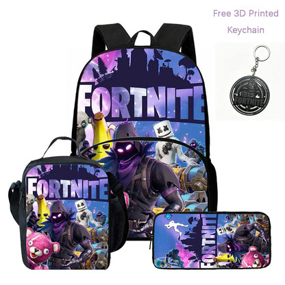 Conjunto FORTNITE leve de 3 peças: mochila com bolso frontal, lancheira e estojo, com porta-chaves 3D impresso grátis, para meninos, meninas e crianças dos 5 aos 10 anos