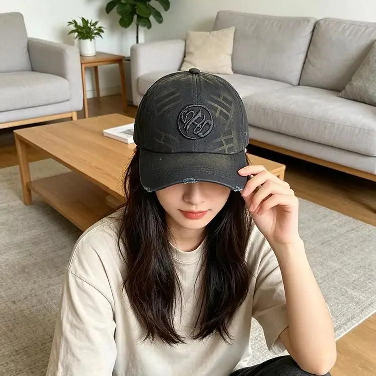 Kpop Embroidered Vintage Washed Baseball Cap Mens Womens Retro Distressed Cotton Dad Hat Streetwear Adjustable Snapback
