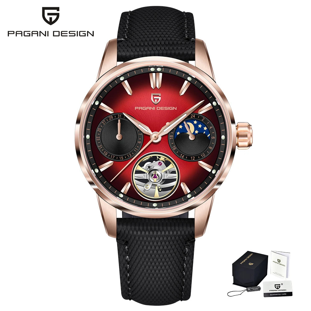 PAGANI DESIGN – Luxe mechanisch herenhorloge, 41 mm, saffierglas, leren band, waterdicht, pilotenstijl, met tourbillon en maanfase