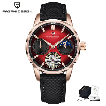 PAGANI DESIGN – Luxe mechanisch herenhorloge, 41 mm, saffierglas, leren band, waterdicht, pilotenstijl, met tourbillon en maanfase