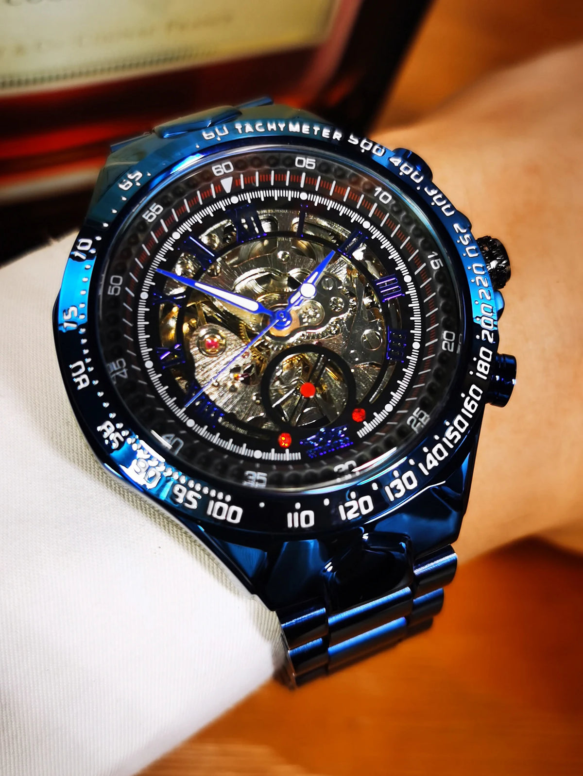 Reloj automático para hombre WINNER: modelo esqueleto transparente, agujas luminiscentes, correa de acero inoxidable, reloj mecánico de marca de lujo