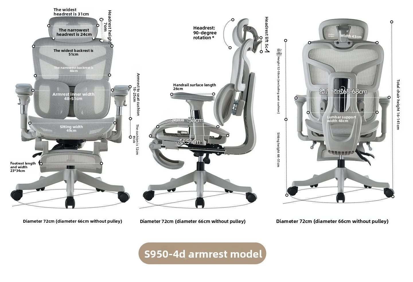 S950 Ergonomic Office Chair Adjustable Computer Chair, Gaming Chair with Lumbar Support, Comfortable Study Chair for Home Office & Work