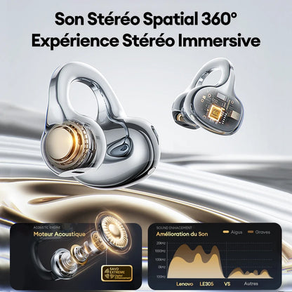 Auriculares Lenovo LE302 inalámbricos Bluetooth 6.0, batería de larga duración, clip deportivo para la oreja, estéreo HIFI con cancelación de ruido