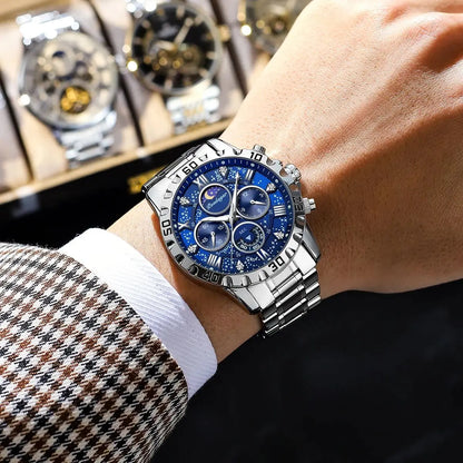 POEDAGAR herenhorloge – Luxe chronograaf, waterdicht en lichtgevend, van roestvrij staal, in sportieve en militaire stijl, met quartz uurwerk