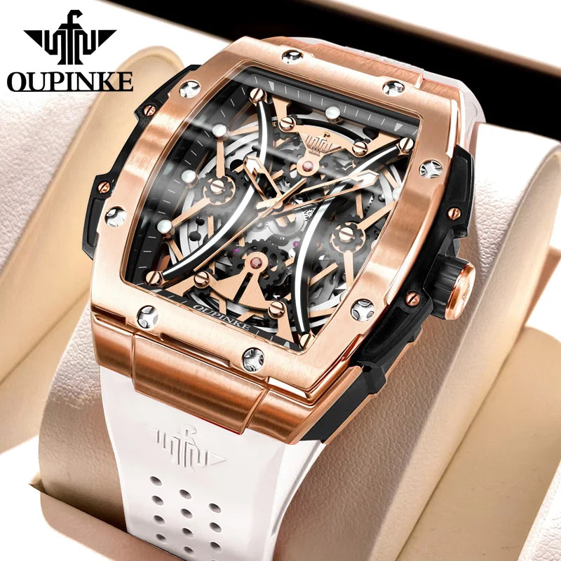 OUPINKE Men's Watches Classic Luxury Tonneau Dial Top Brand Original Automatic Mechanical Wristwatch Silicone Strap Sapphire New