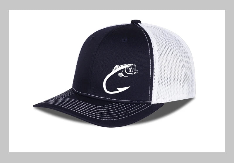 Bass Fish Hook Print Trucker Hat Adjustable Unisex Mesh Fishing Fan Sun Hat
