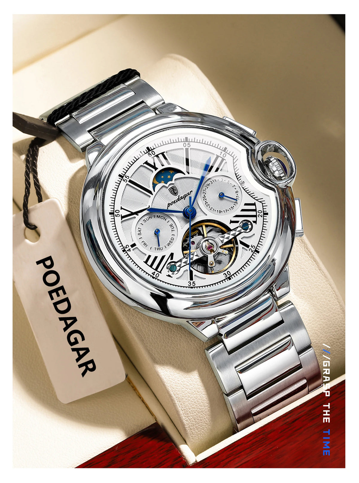 POEDAGAR men’s watch, luxury and professional style, with date and day display, tourbillon, stainless steel case, automatic mechanical movement and water resistance.