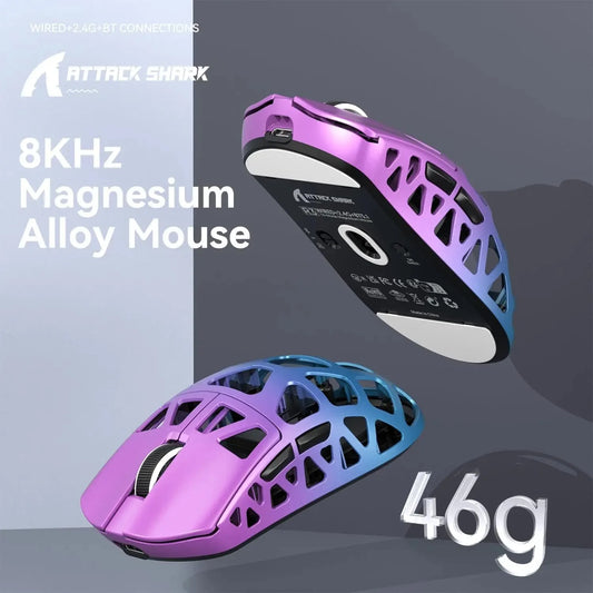 Mouse de gaming ATTACK SHARK R3 din aliaj de magneziu cu structură tip fagure, ultra-ușor, 8K Hz, senzor PAW3395, 26000 DPI, carcasă ergonomică