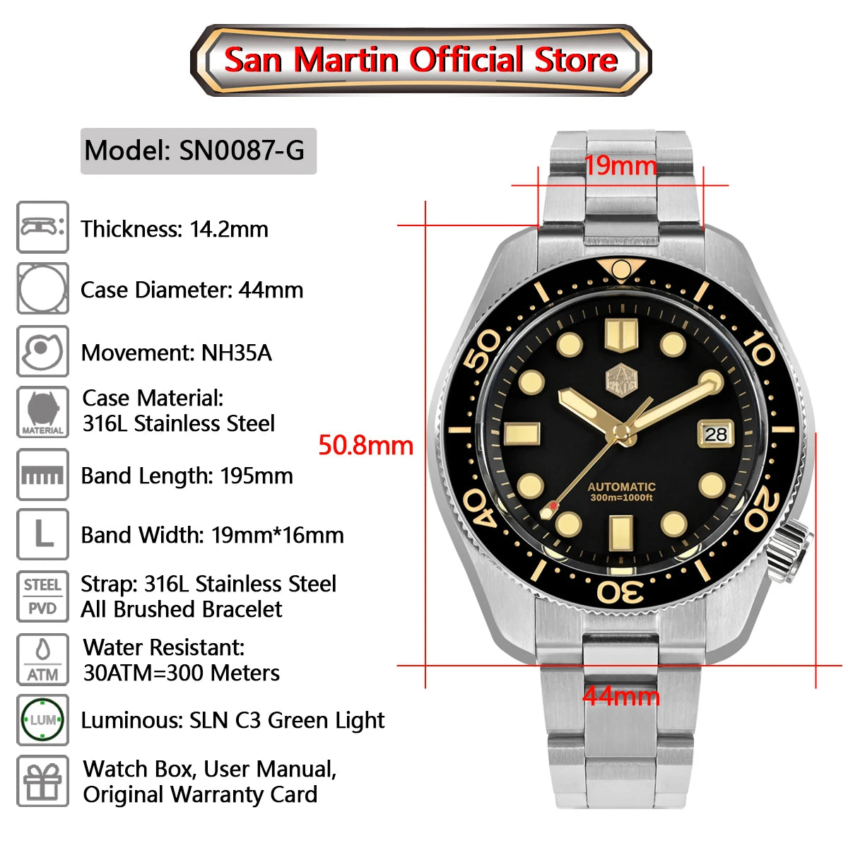 San Martin 44mm Men Diver Watch Vintage MM300 Gilt Dial Sport NH35 Automatic Mechanical Sapphire Waterproof 300M C3 Lume SN0087