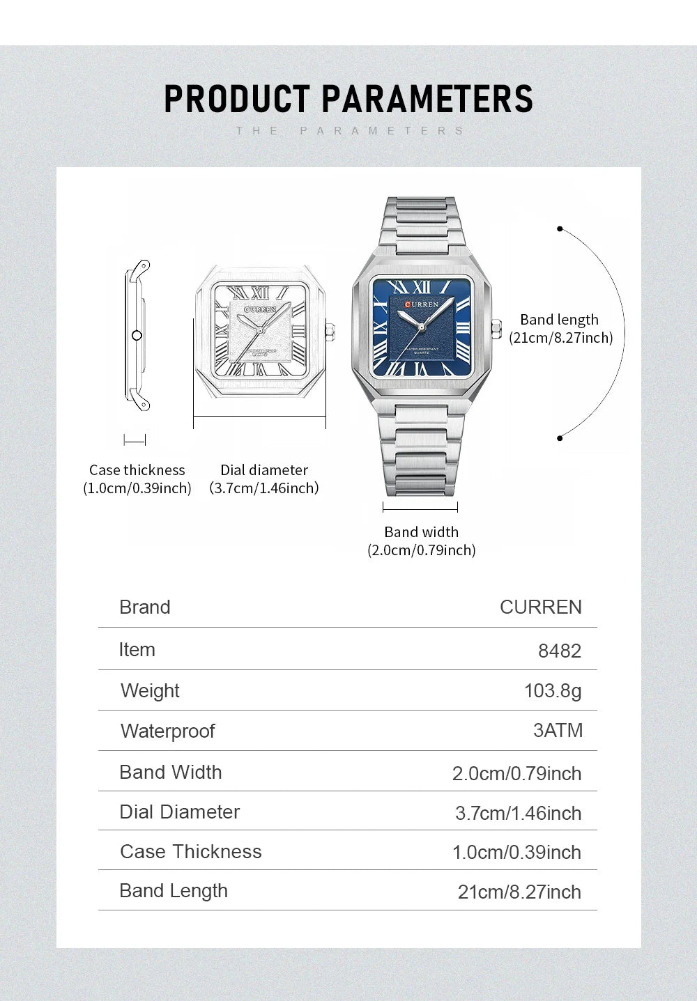 CURREN Vintage Square Design Dial with Roman Numeral Classic Business Dress Quartz Watch for Men with Luminous Hands 8482