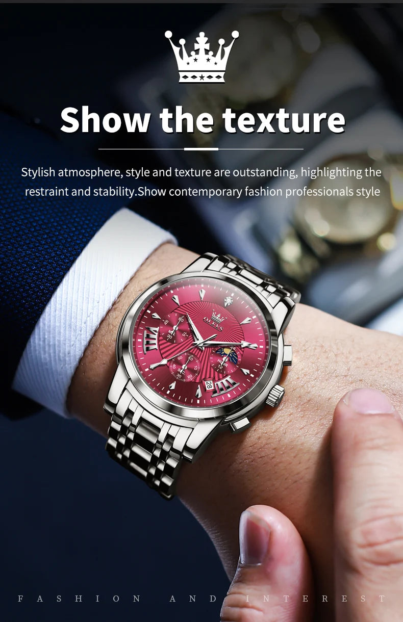 OLEVS Brand Fashion Red Watch For Men Luxury Sport Waterproof Stainless Steel Chronograph Quartz Watches Mens Relogio Masculino
