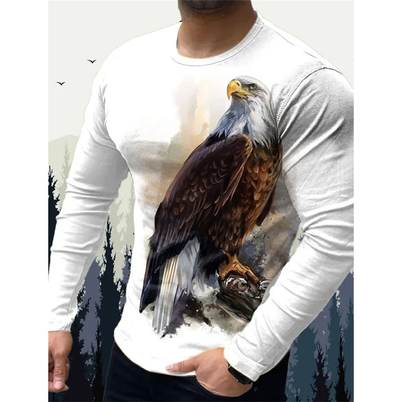 3D-printet Wolf Eagle T-shirt til mænd – T-shirts med vintage dyremønster – forår/efterår – langærmede T-shirts med rund hals – løse street-T-shirts