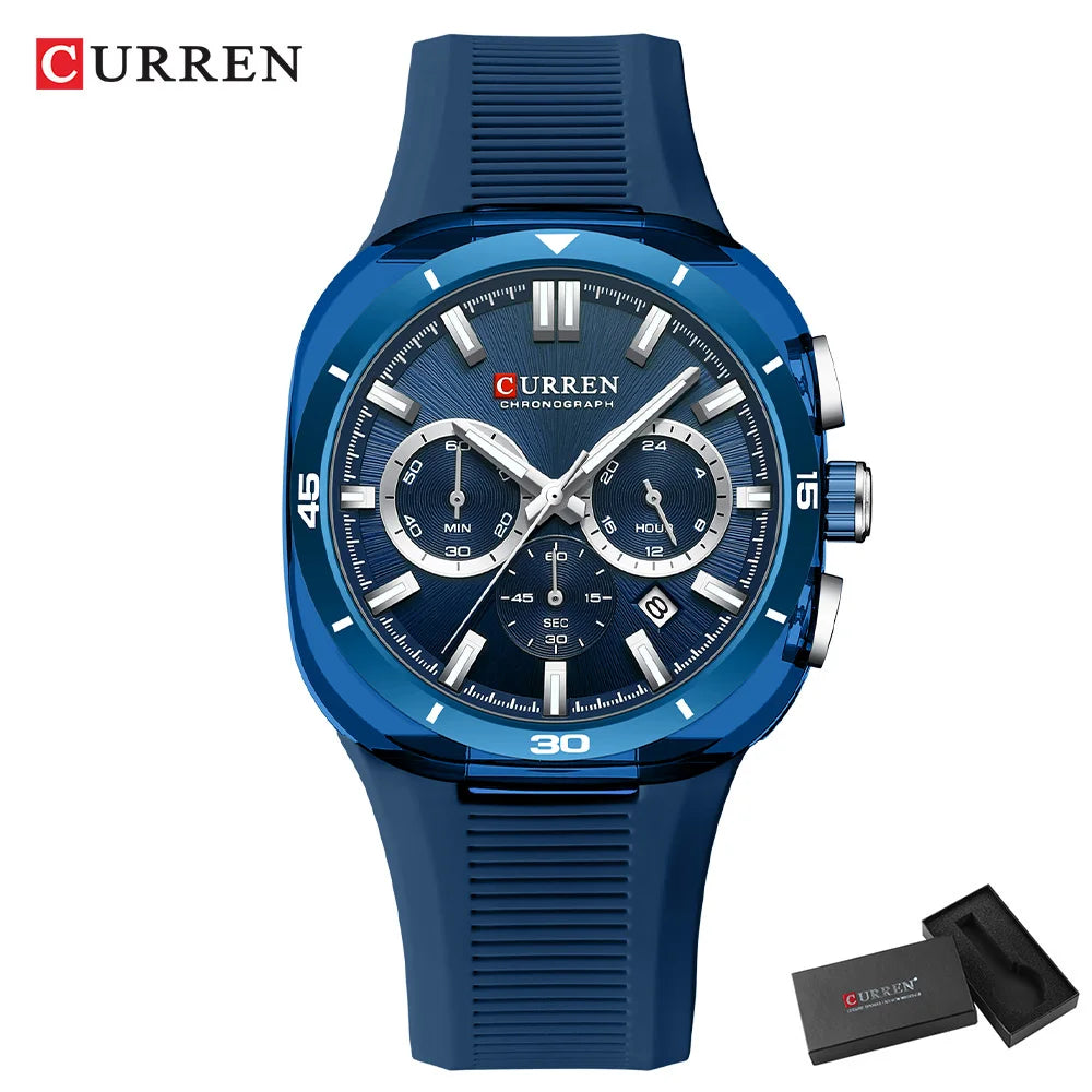 Herrenuhr CURREN – Neues Luxusmodell mit Quarzwerk, Silikonarmband, sportlichem Design, multifunktional, wasserdicht, beleuchtet, mit Datumsanzeige und Stoppuhr.