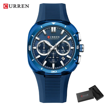 Herrenuhr CURREN – Neues Luxusmodell mit Quarzwerk, Silikonarmband, sportlichem Design, multifunktional, wasserdicht, beleuchtet, mit Datumsanzeige und Stoppuhr.