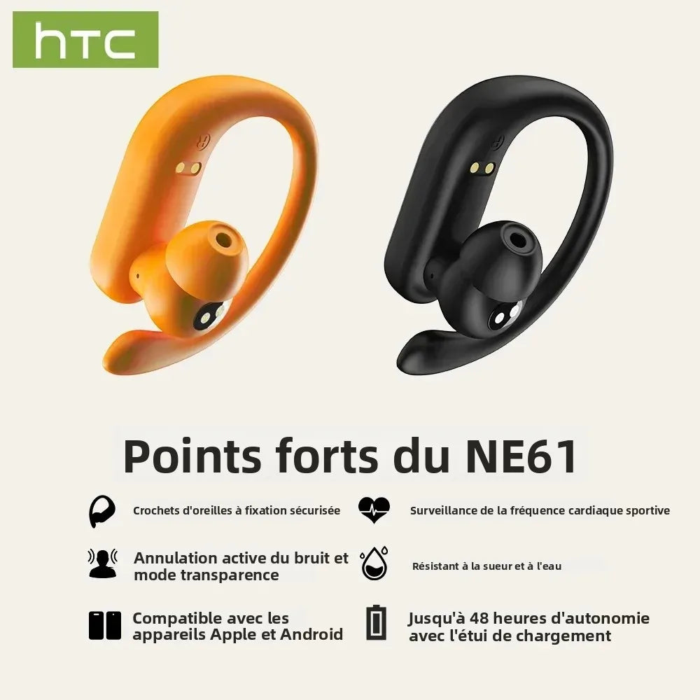 HTC NE61 Bluetooth Earphones – Premium Wireless Noise Reduction Sports Earbuds with AI Translator, Heart Rate Monitor &amp; HD Bass