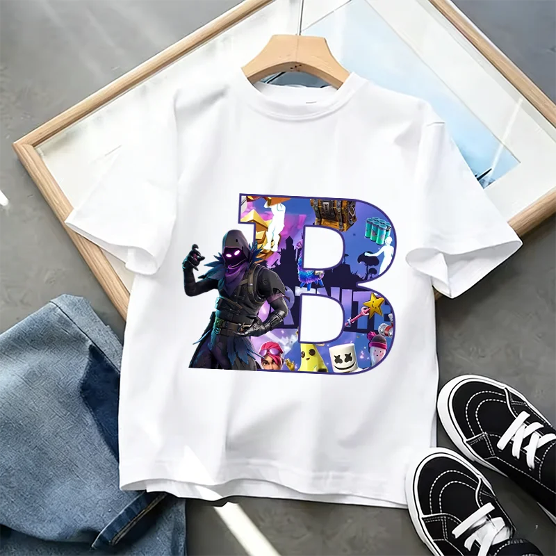 Fortnite A-Z Alphabet Print T Shirt Summer Kids White Clothing Popular Cartoon Game T Shirt Fashion Casual Short Sleeve Top Gift